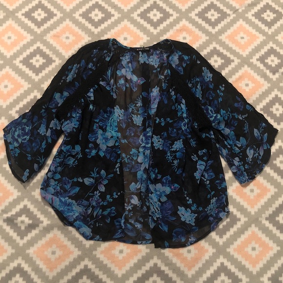 Express Black&Blue Floral Sheer Open Front Top Size Medium - Picture 1 of 11